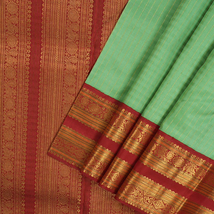 Hayagrivas Handloom Pista Green Kanjivaram Silk Saree with Deep Red Border KBE1469J15-1