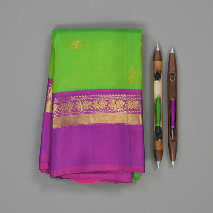 Hayagrivas Handloom Fluorescent Green Kanjivaram Silk Saree with Purple Border KBE1469J18-1