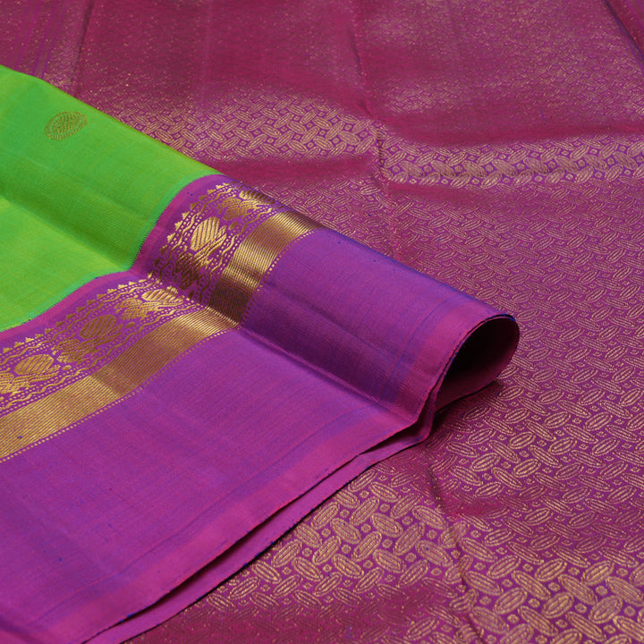 Hayagrivas Handloom Fluorescent Green Kanjivaram Silk Saree with Purple Border KBE1469J18-1