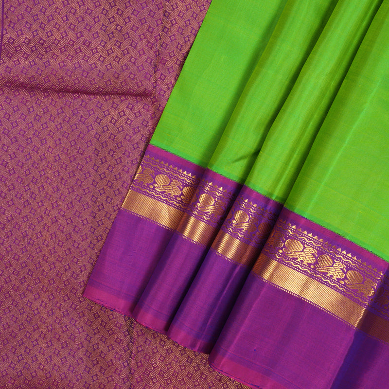 Hayagrivas Handloom Fluorescent Green Kanjivaram Silk Saree with Purple Border KBE1469J18-1