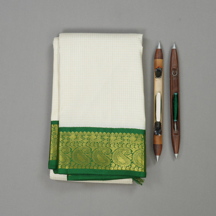 Hayagrivas Handloom Half White Kanjivaram Silk Saree with Dark Green Border KBE146D11-1