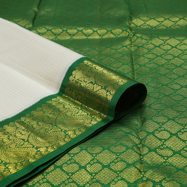 Hayagrivas Handloom Half White Kanjivaram Silk Saree with Dark Green Border KBE146D11-1