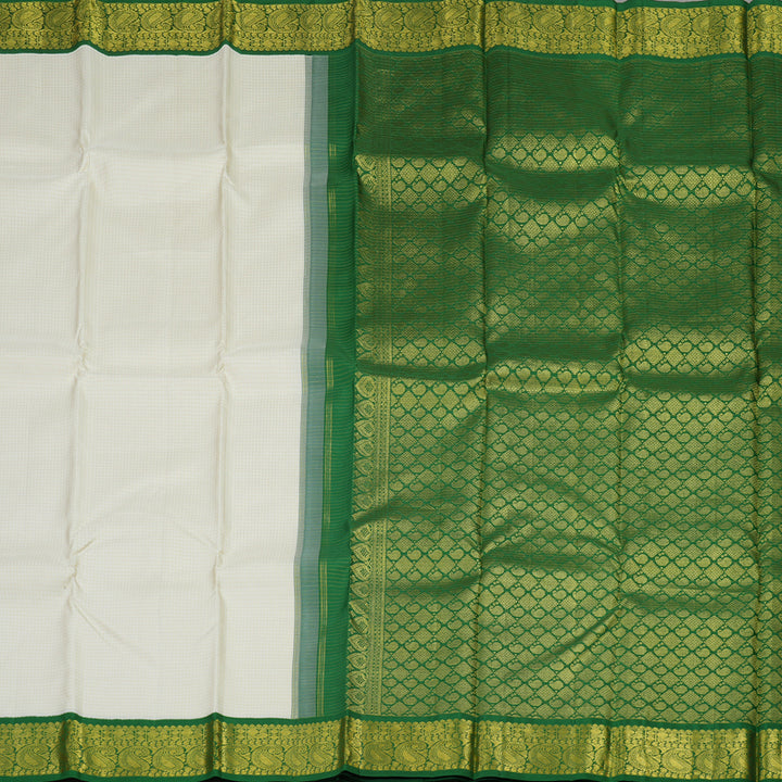 Hayagrivas Handloom Half White Kanjivaram Silk Saree with Dark Green Border KBE146D11-1