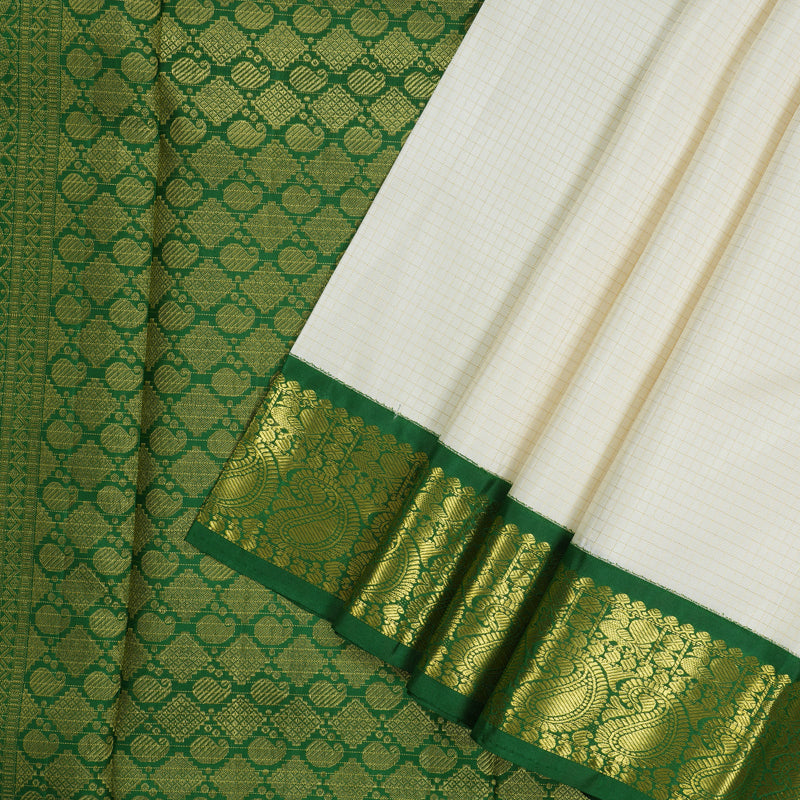 Hayagrivas Handloom Half White Kanjivaram Silk Saree with Dark Green Border KBE146D11-1