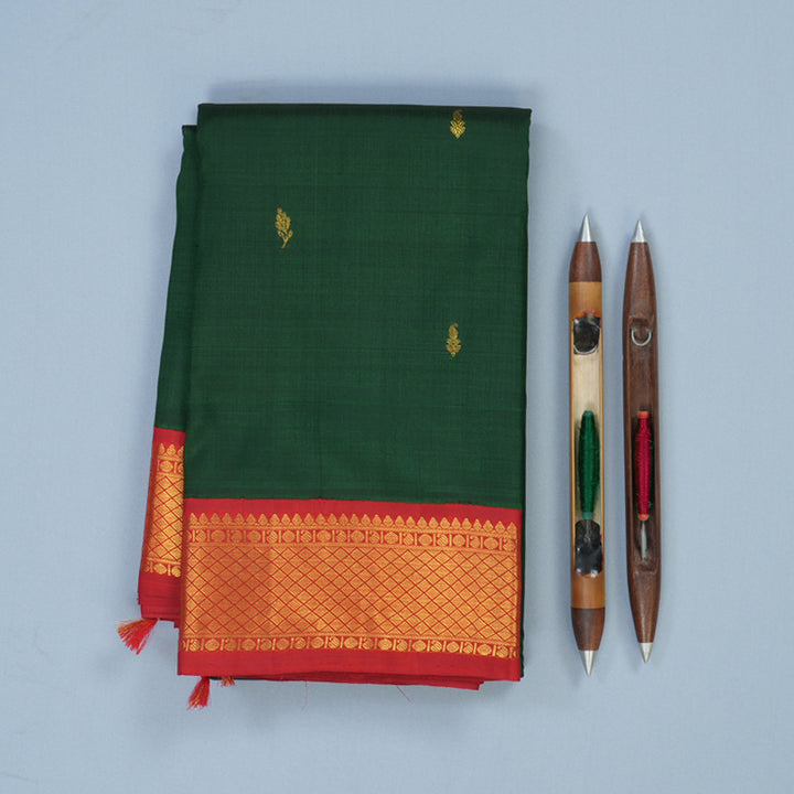 Hayagrivas Handloom Bottle Green Kanjivaram Silk Saree with Red Border KBE146D2-3