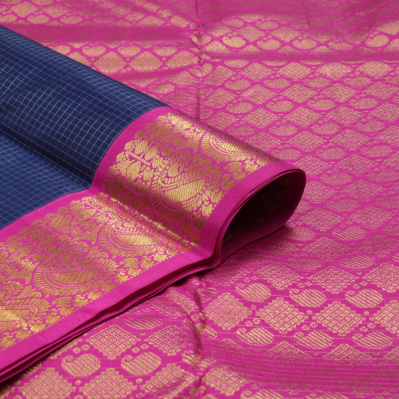 Hayagrivas Handloom Midnight Blue Kanjivaram Silk Saree with Magenta Border KBE146D3-1