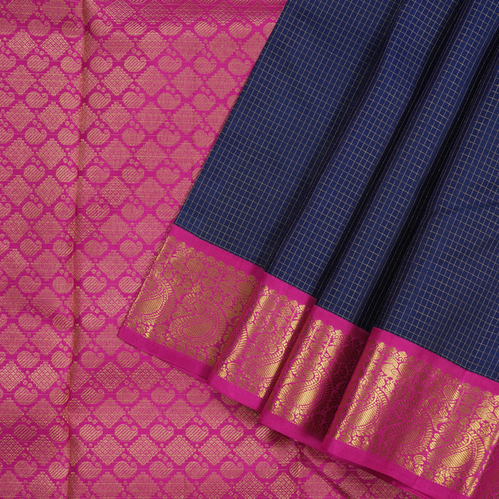 Hayagrivas Handloom Midnight Blue Kanjivaram Silk Saree with Magenta Border KBE146D3-1