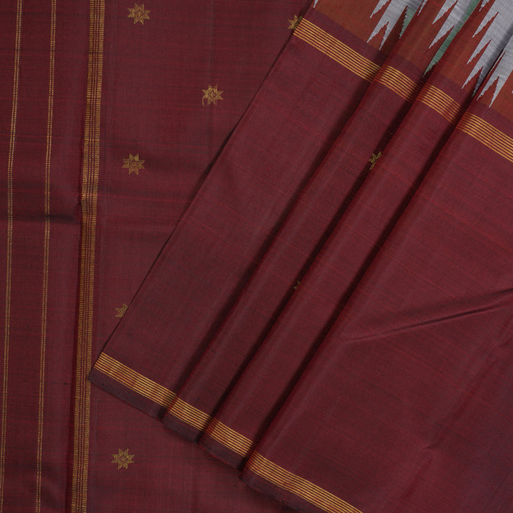 Hayagrivas Handloom Royal Grey Kanjivaram Silk Saree with Araku Maroon Border KBE1470J1-1