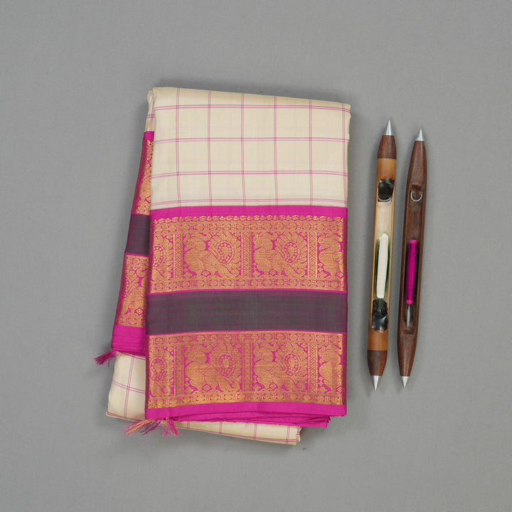 Hayagrivas Handloom Cream Kanjivaram Silk Saree with Magenta border KBE1473J2-1