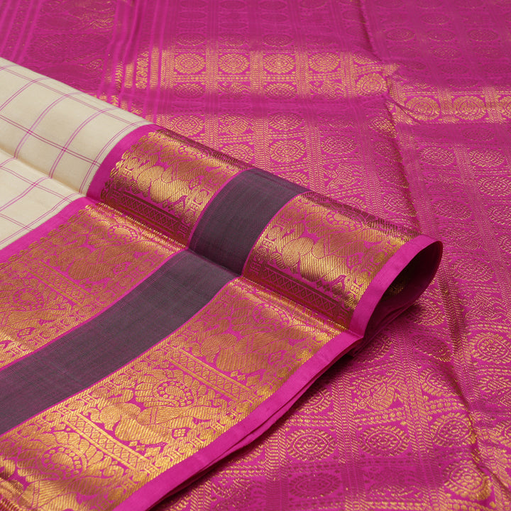 Hayagrivas Handloom Cream Kanjivaram Silk Saree with Magenta border KBE1473J2-1