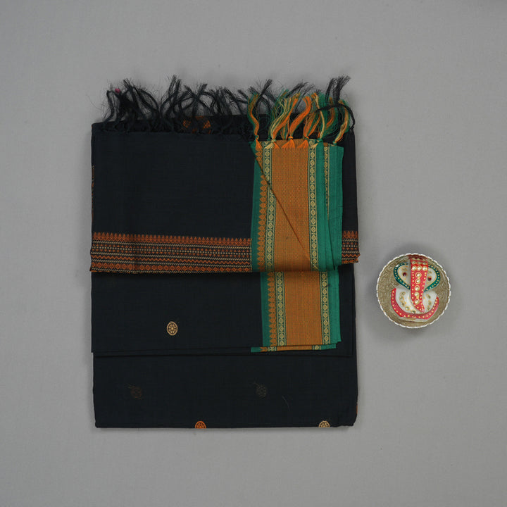 Hayagrivas Black Pure Cotton Saree with Green Border KBE1476J13-1