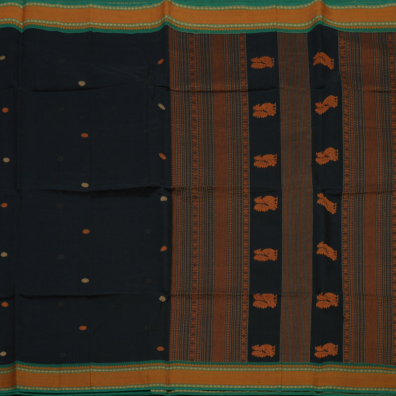 Hayagrivas Black Pure Cotton Saree with Green Border KBE1476J13-1