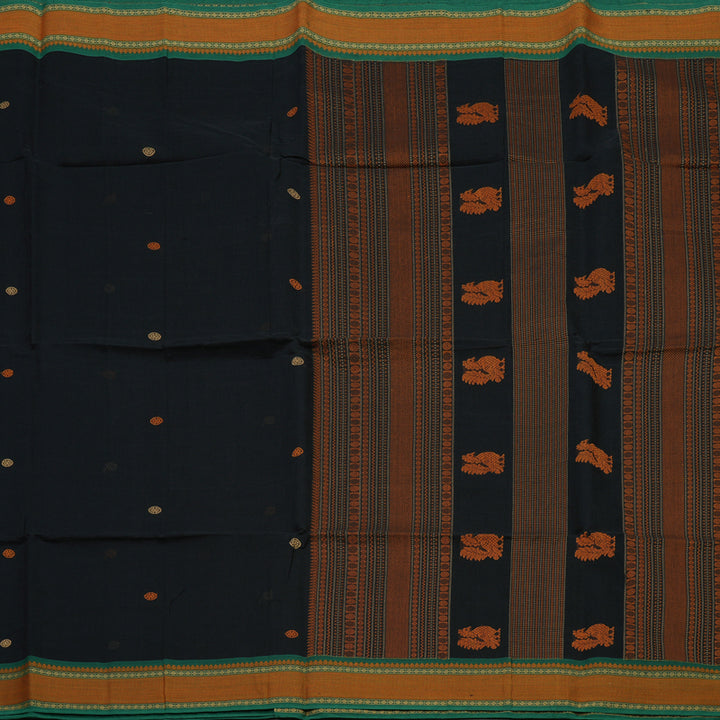 Hayagrivas Black Pure Cotton Saree with Green Border KBE1476J13-1