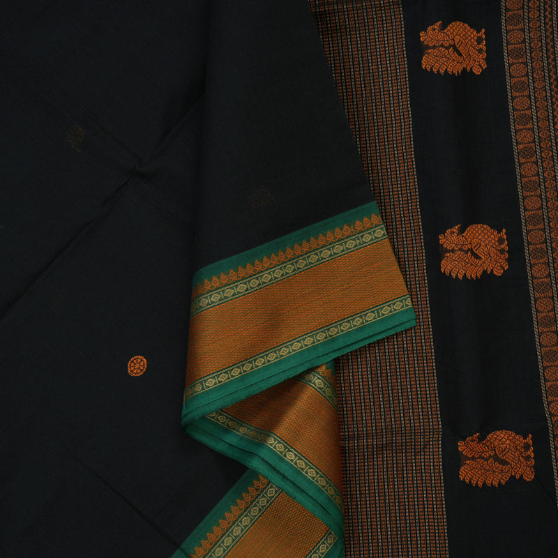 Hayagrivas Black Pure Cotton Saree with Green Border KBE1476J13-1