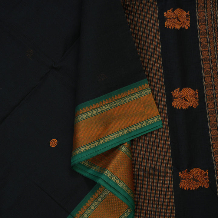 Hayagrivas Black Pure Cotton Saree with Green Border KBE1476J13-1