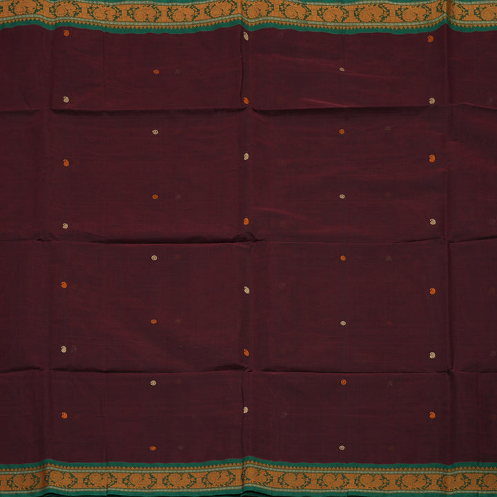Hayagrivas Wine Maroon Pure Cotton Saree with Green Border KBE1476J16-1