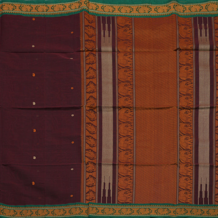 Hayagrivas Wine Maroon Pure Cotton Saree with Green Border KBE1476J16-1