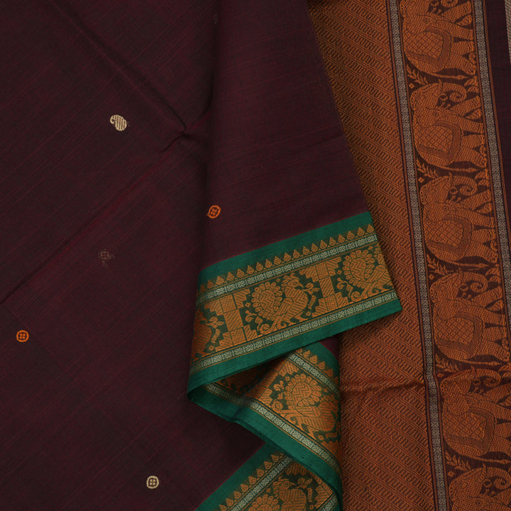 Hayagrivas Wine Maroon Pure Cotton Saree with Green Border KBE1476J16-1