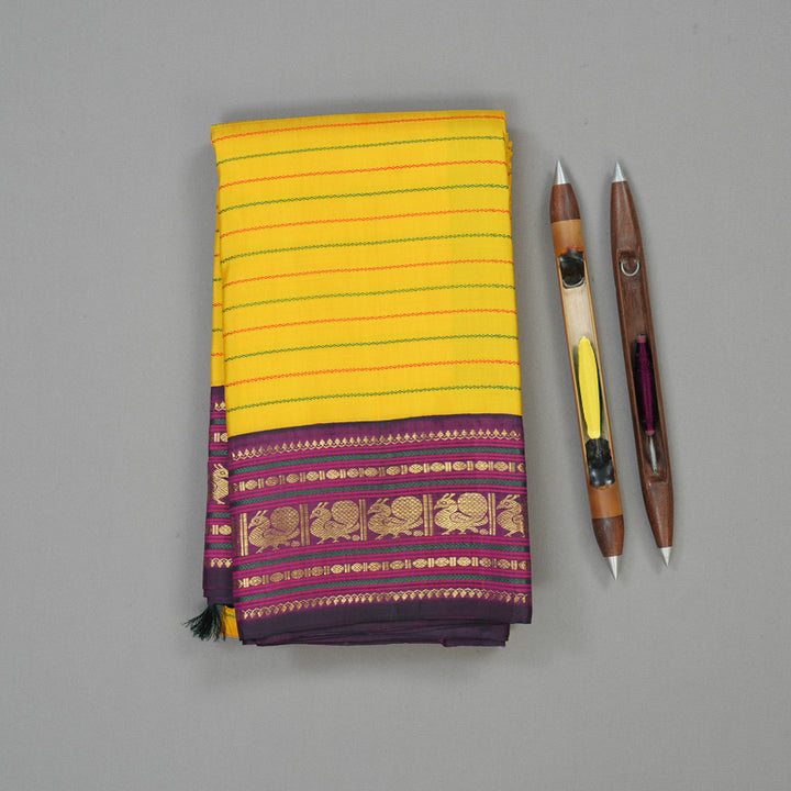 Hayagrivas Handloom Yellow Kanjivaram Silk Saree with Wine Purple Border KBE1478J1-1