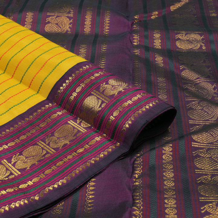 Hayagrivas Handloom Yellow Kanjivaram Silk Saree with Wine Purple Border KBE1478J1-1