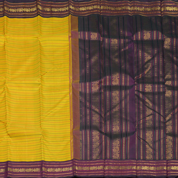 Hayagrivas Handloom Yellow Kanjivaram Silk Saree with Wine Purple Border KBE1478J1-1