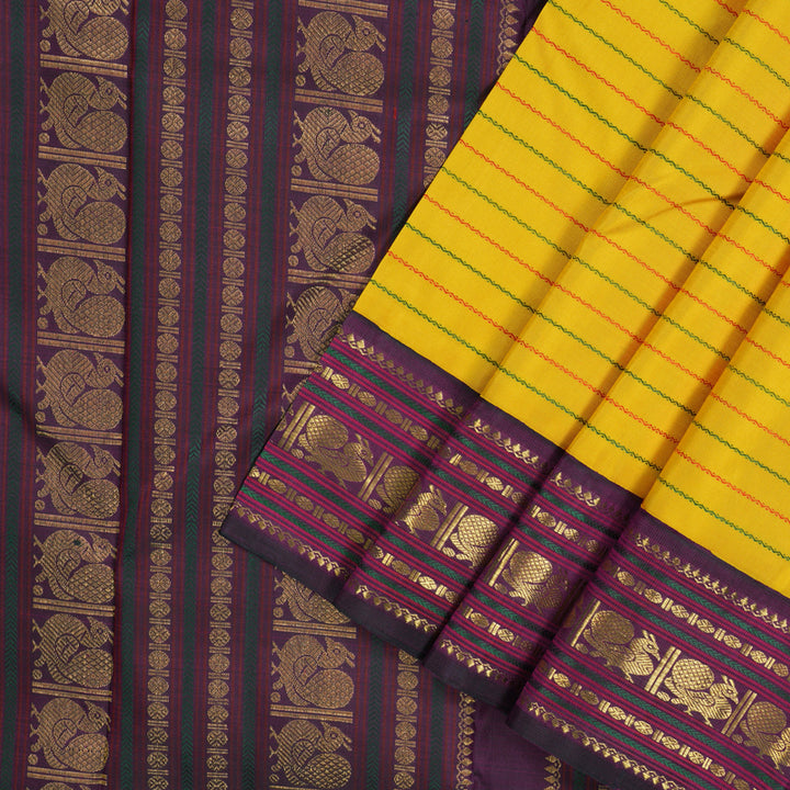 Hayagrivas Handloom Yellow Kanjivaram Silk Saree with Wine Purple Border KBE1478J1-1