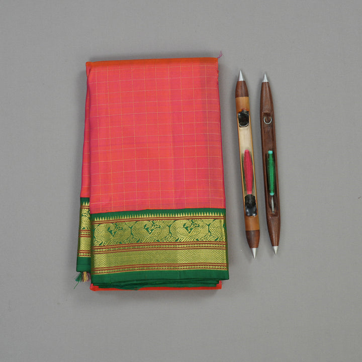 Hayagrivas Handloom Orangish Pink Kanjivaram Silk Saree with Dark Green border KBE1478J6-1