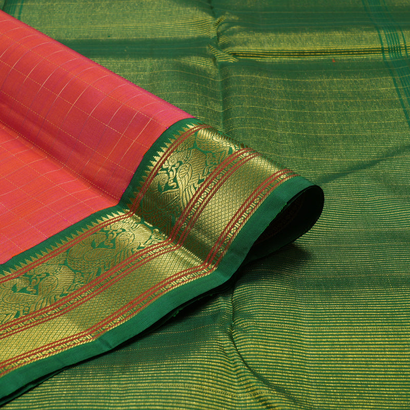 Hayagrivas Handloom Orangish Pink Kanjivaram Silk Saree with Dark Green border KBE1478J6-1