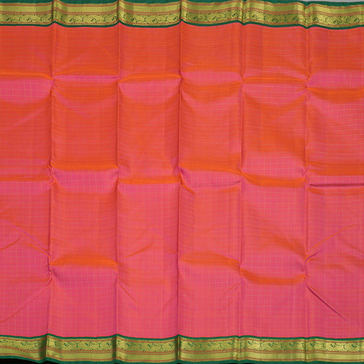 Hayagrivas Handloom Orangish Pink Kanjivaram Silk Saree with Dark Green border KBE1478J6-1