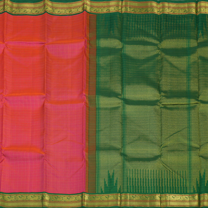 Hayagrivas Handloom Orangish Pink Kanjivaram Silk Saree with Dark Green border KBE1478J6-1