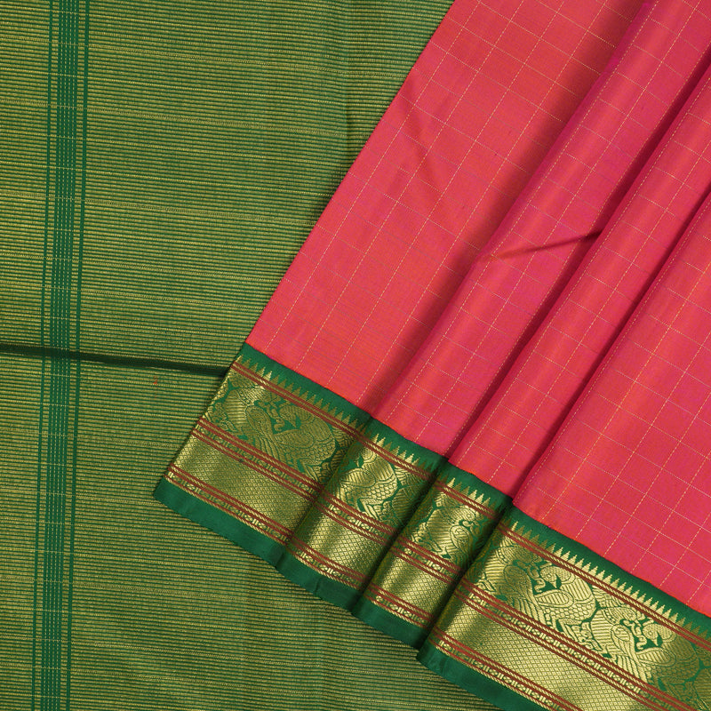 Hayagrivas Handloom Orangish Pink Kanjivaram Silk Saree with Dark Green border KBE1478J6-1