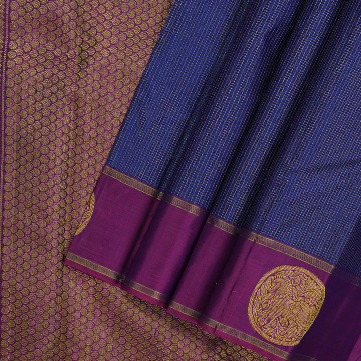 Hayagrivas Handloom Midnight Blue Kanjivaram Silk Saree with Wine Purple Border KBE1482J1-1