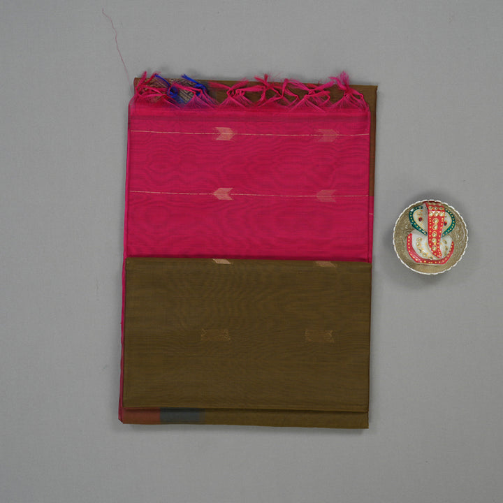 Hayagrivas Handloom Deep Sampanga Green Pure Kora Silk Cotton Saree with Pink & Blue Border KBE1485J1-2