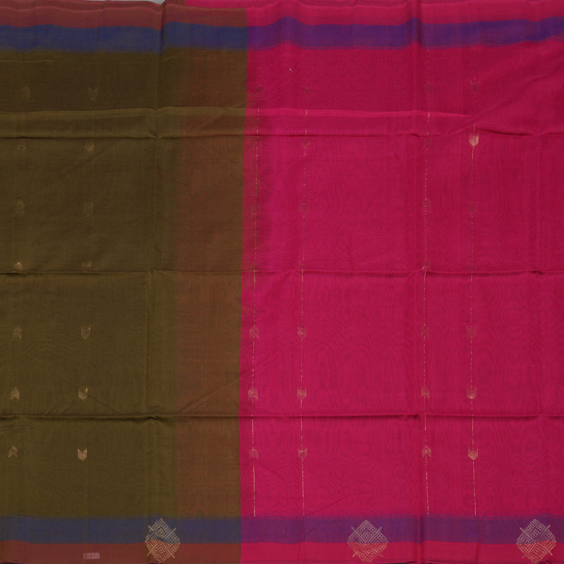 Hayagrivas Handloom Deep Sampanga Green Pure Kora Silk Cotton Saree with Pink & Blue Border KBE1485J1-2