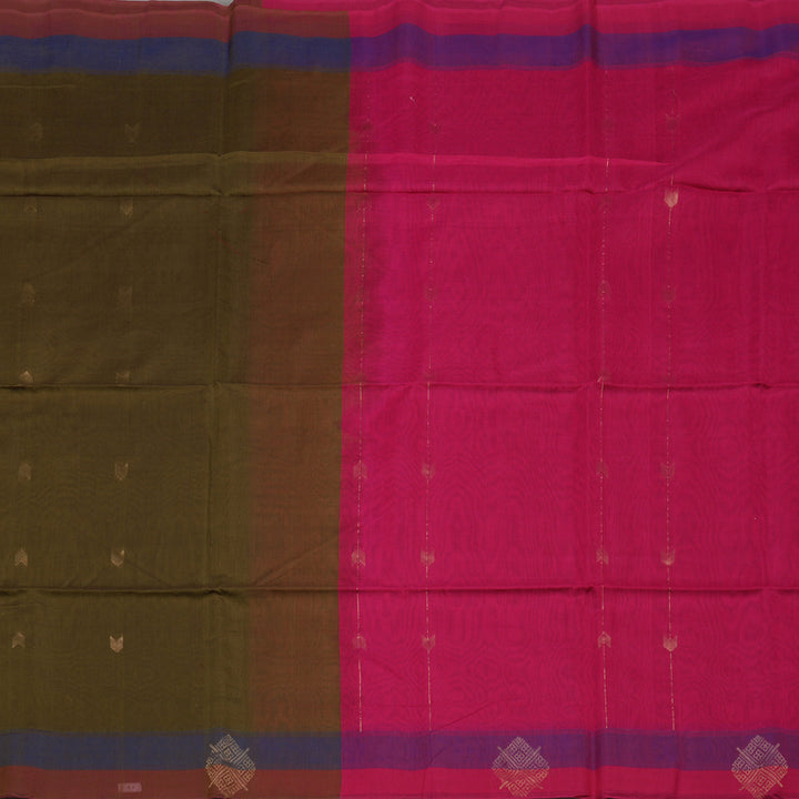 Hayagrivas Handloom Deep Sampanga Green Pure Kora Silk Cotton Saree with Pink & Blue Border KBE1485J1-2