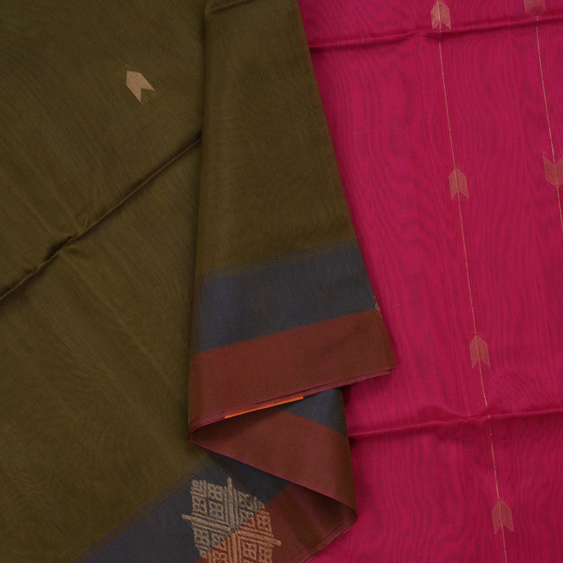 Hayagrivas Handloom Deep Sampanga Green Pure Kora Silk Cotton Saree with Pink & Blue Border KBE1485J1-2