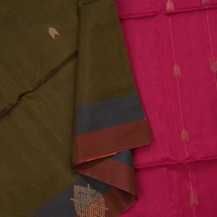 Hayagrivas Handloom Deep Sampanga Green Pure Kora Silk Cotton Saree with Pink & Blue Border KBE1485J1-2