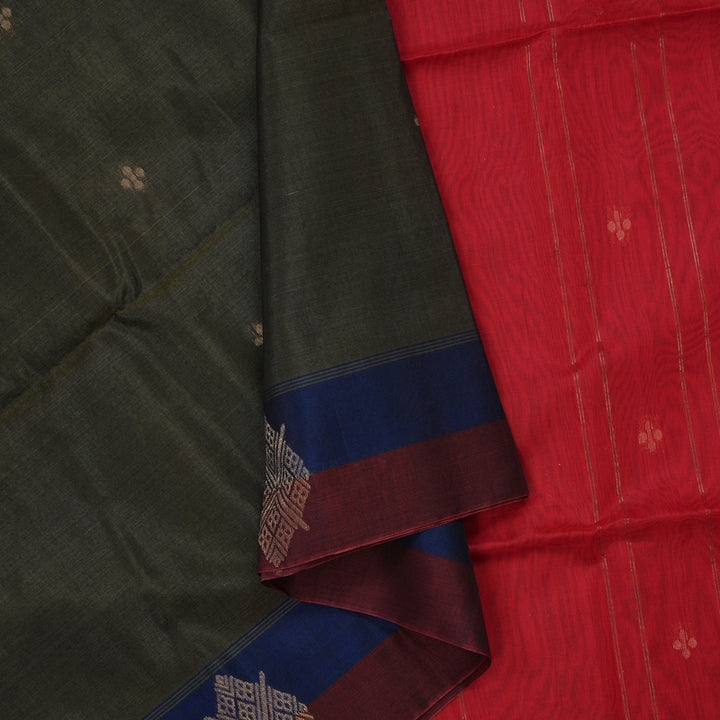 Hayagrivas Handloom Royal Grey Pure Kora Silk Cotton Saree with Maroon & Royal Blue Border KBE1485J1-3