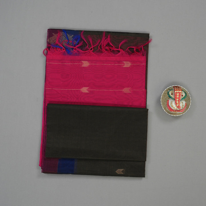 Hayagrivas Deep Brown Pure Kora Silk Cotton Saree with Wine Purple Border KBE1485J1-8