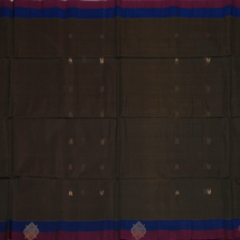 Hayagrivas Deep Brown Pure Kora Silk Cotton Saree with Wine Purple Border KBE1485J1-8