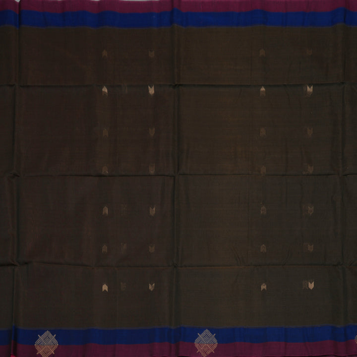 Hayagrivas Deep Brown Pure Kora Silk Cotton Saree with Wine Purple Border KBE1485J1-8