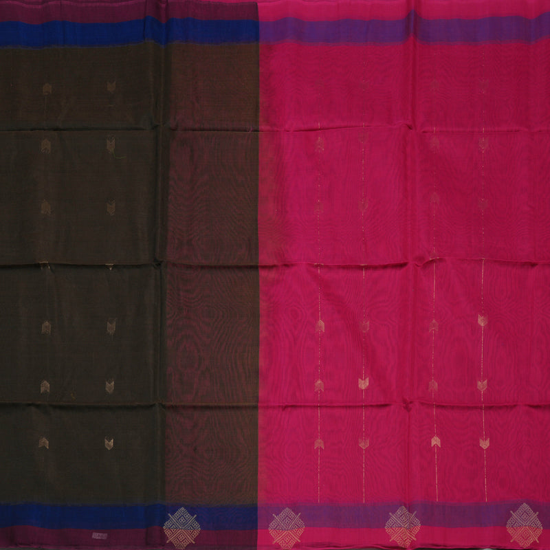 Hayagrivas Deep Brown Pure Kora Silk Cotton Saree with Wine Purple Border KBE1485J1-8