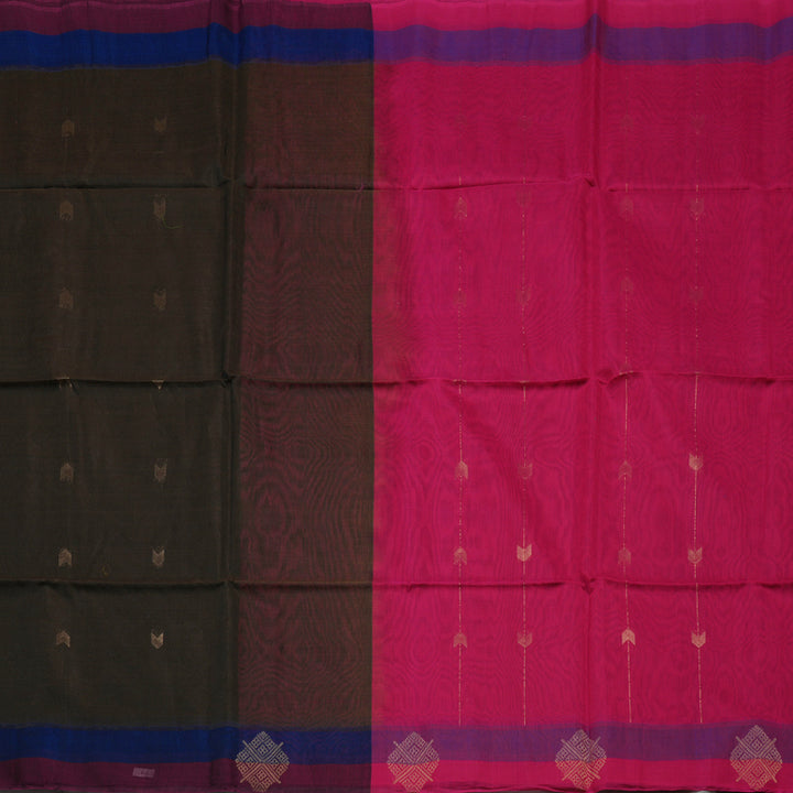 Hayagrivas Deep Brown Pure Kora Silk Cotton Saree with Wine Purple Border KBE1485J1-8
