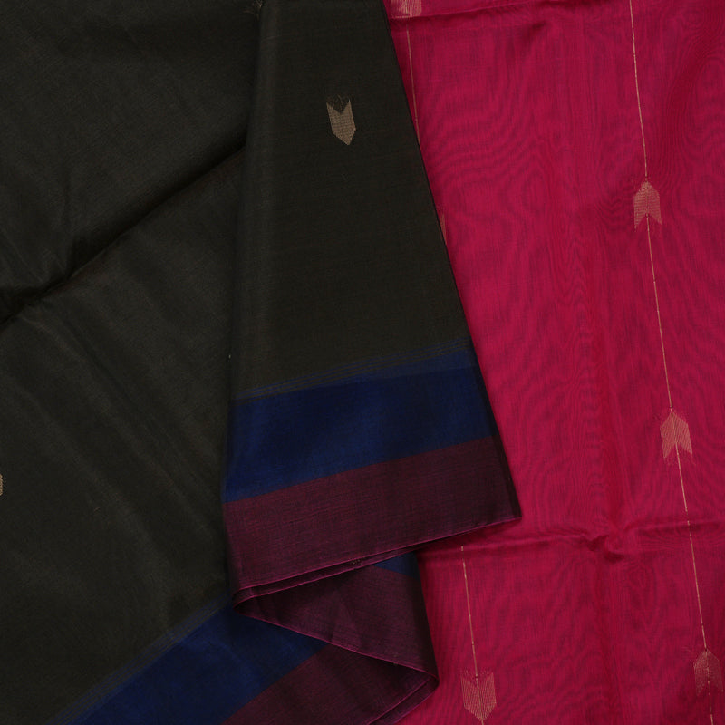 Hayagrivas Deep Brown Pure Kora Silk Cotton Saree with Wine Purple Border KBE1485J1-8