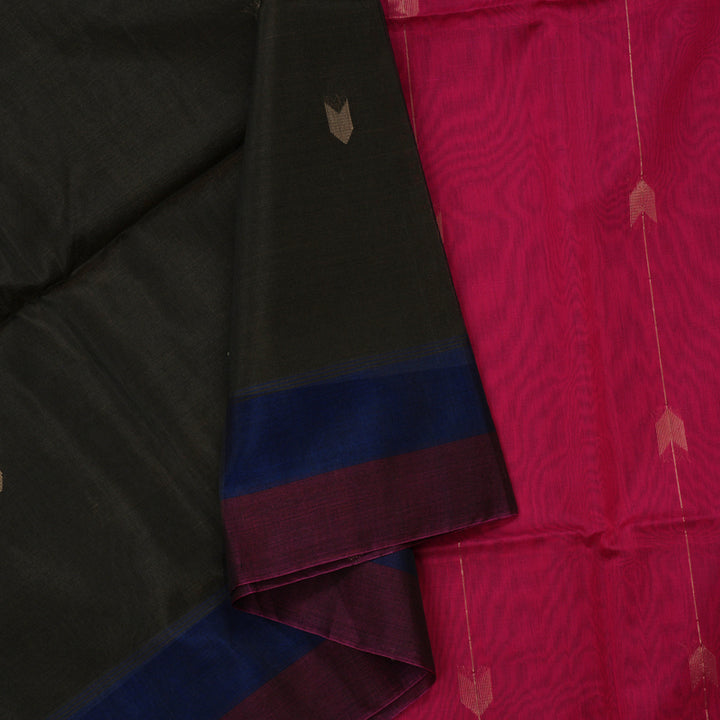 Hayagrivas Deep Brown Pure Kora Silk Cotton Saree with Wine Purple Border KBE1485J1-8