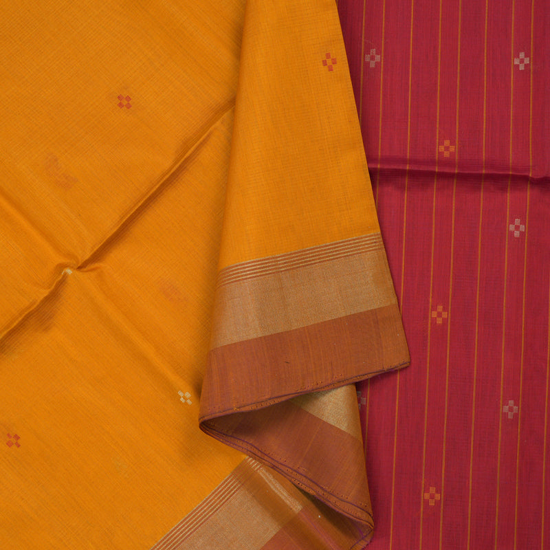 Hayagrivas Handloom Tumeric Yellow Kora Silk Cotton Saree with Red Border KBE1485J3-17