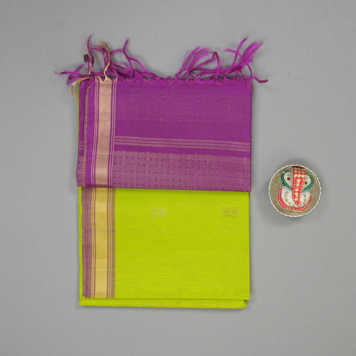 Hayagrivas Fluorescent Green Pure Kora Silk Cotton Saree with Purple Border KBE1485J3-22