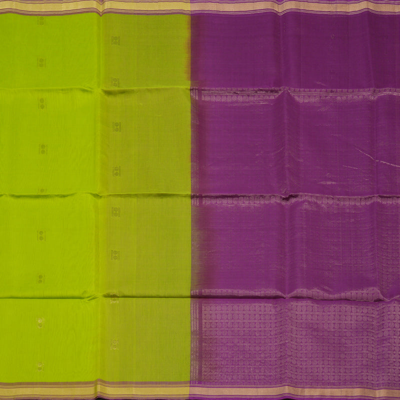 Hayagrivas Fluorescent Green Pure Kora Silk Cotton Saree with Purple Border KBE1485J3-22