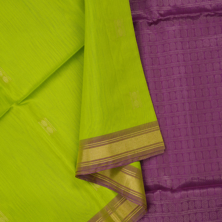 Hayagrivas Fluorescent Green Pure Kora Silk Cotton Saree with Purple Border KBE1485J3-22