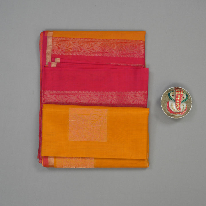 Hayagrivas Tumeric Yellow Pure Kora Silk Cotton Saree with Orangish Pink Edging Border KBE1485J3-32